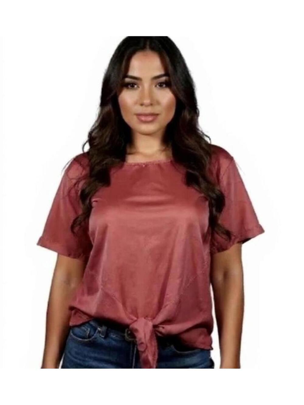 Velvet Heart top size L Front Tie Coral Tencel Back Buttons Short Sleeve